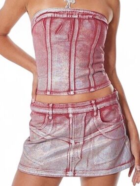 PLT Red Metallic Two-Piece Corset Top & Mini Skirt Set